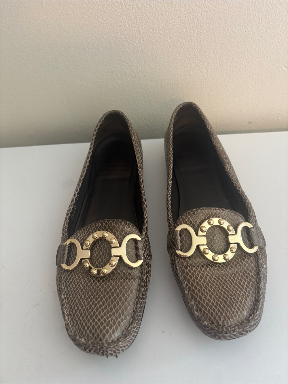 Stuart Weitzman Brown Snake-Embossed Leather Loafers with Gold Hardware